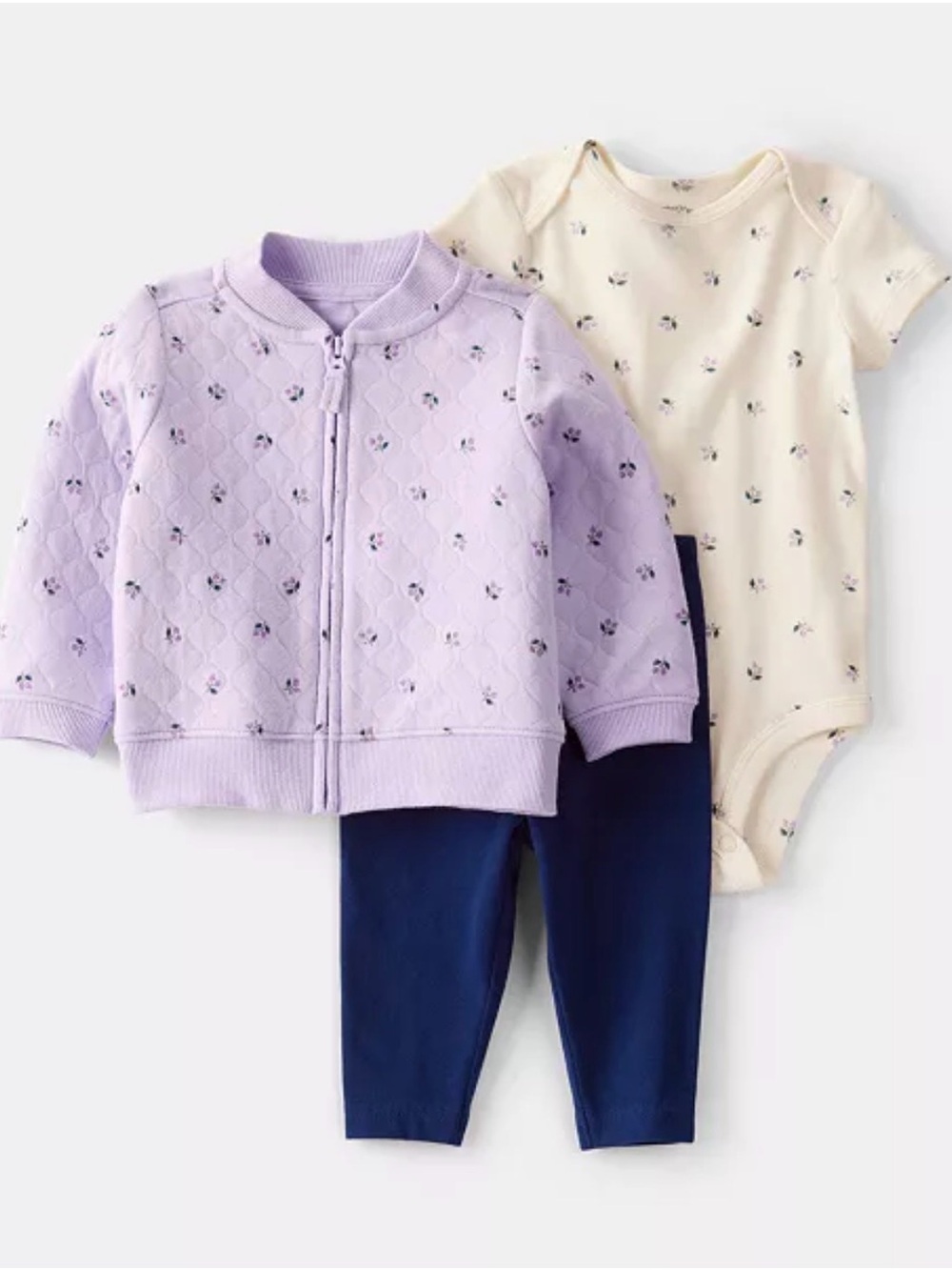 Carter’s 3-Piece Baby Set - Lavender Floral Jacket, Cream Onsie & Navy Leggings